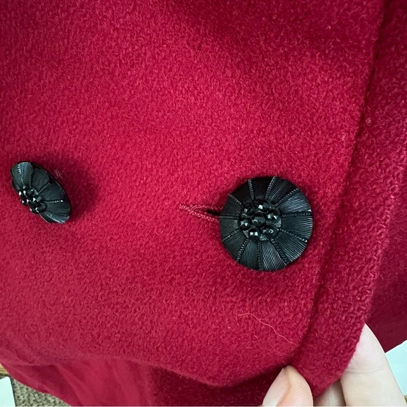 Vintage Jofeld Long Wool Coat Velvet Collar Pockets Red Black Large Old Money - Picture 10 of 16